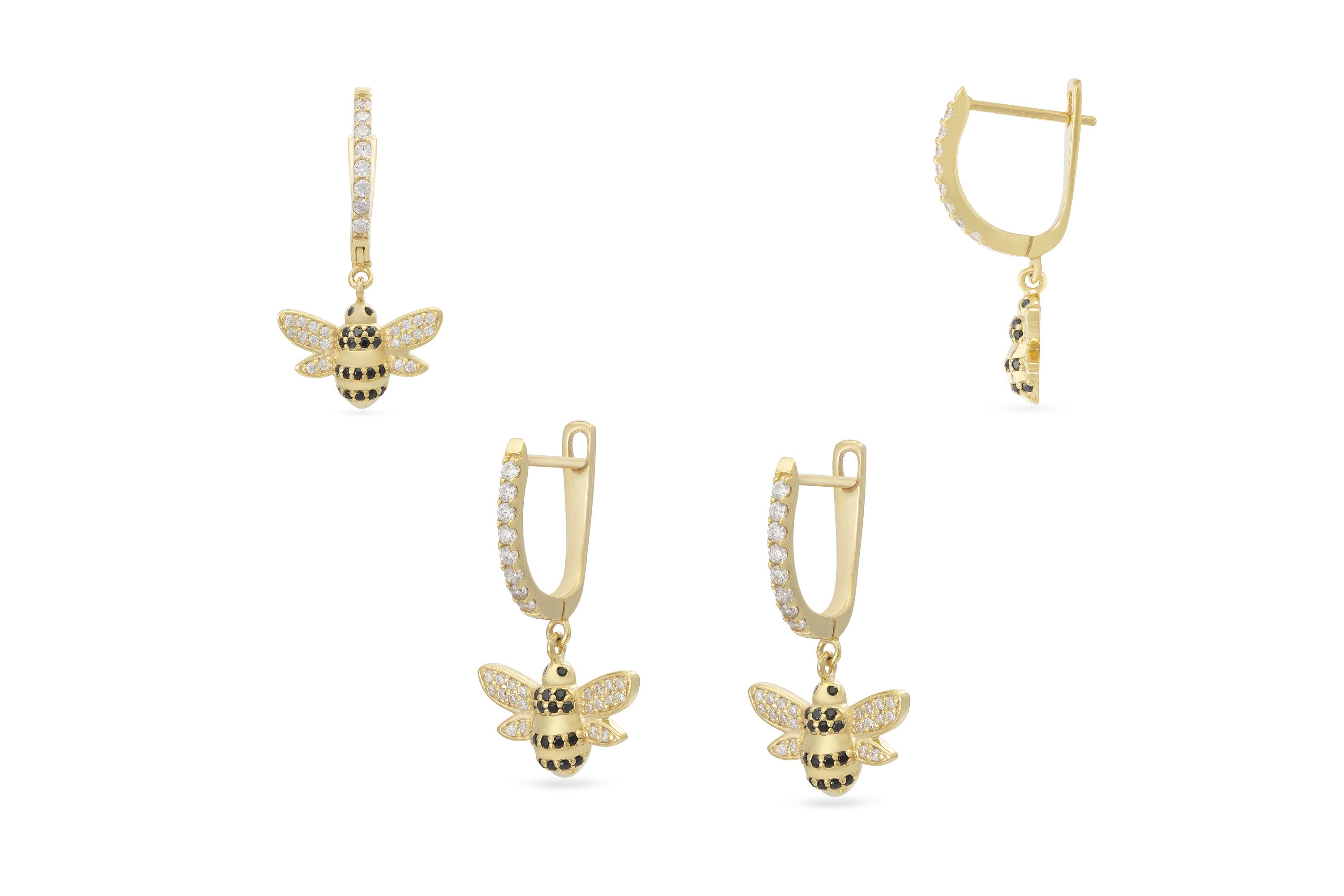 Honey Bee Hoop Earrings, 18K Gold Black Diamond Hoop Earrings, Dangle Hoop Earrings, Bridesmaid Gift, Animal Hoops